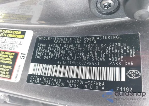 2019 Toyota Camry Le z USA, uszkodzony, nr VIN 4T1B11HK1KU799554